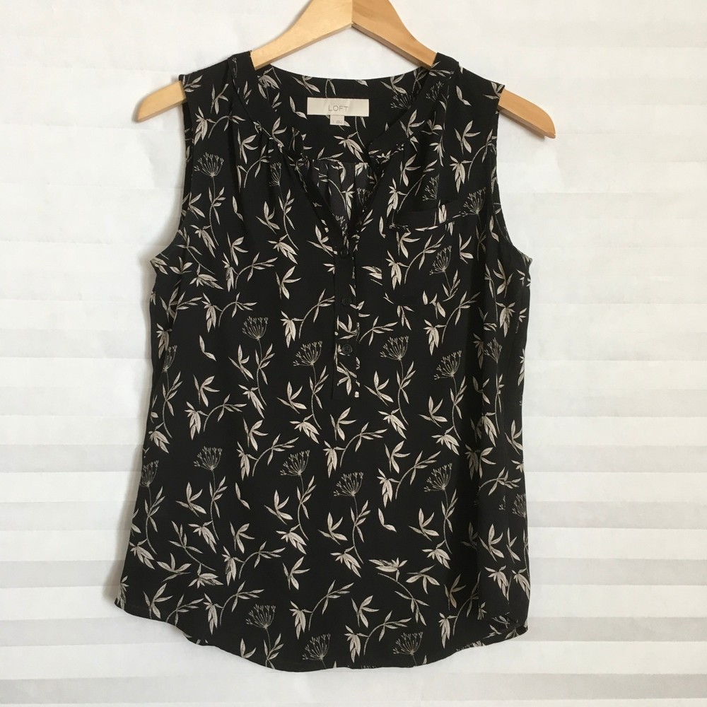 Ann Taylor LOFT Womens Blouse Top Size S Sleeveless Button Neck Pocket